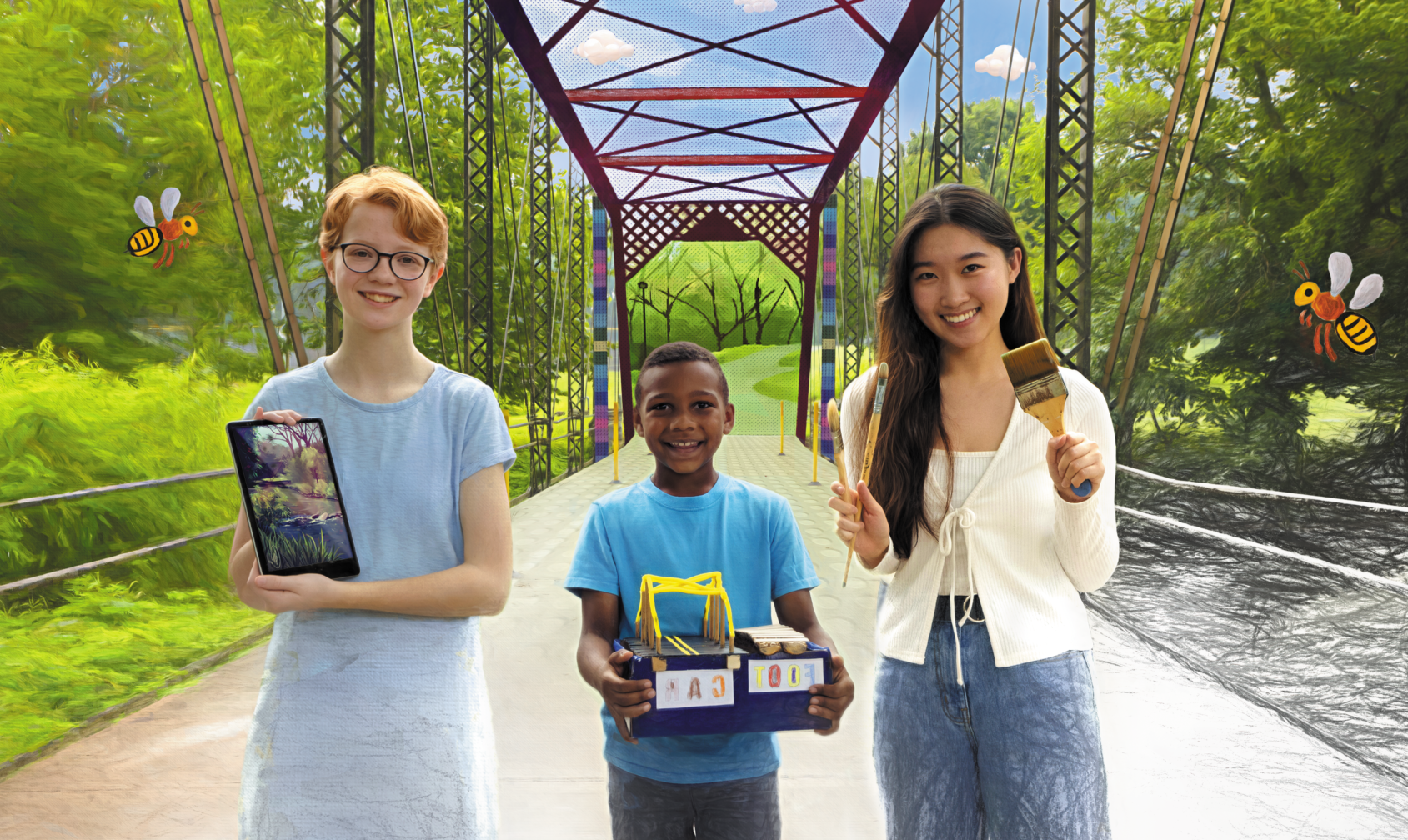 Tres estudiantes en el puente sosteniendo obras de arte o herramientas de arte